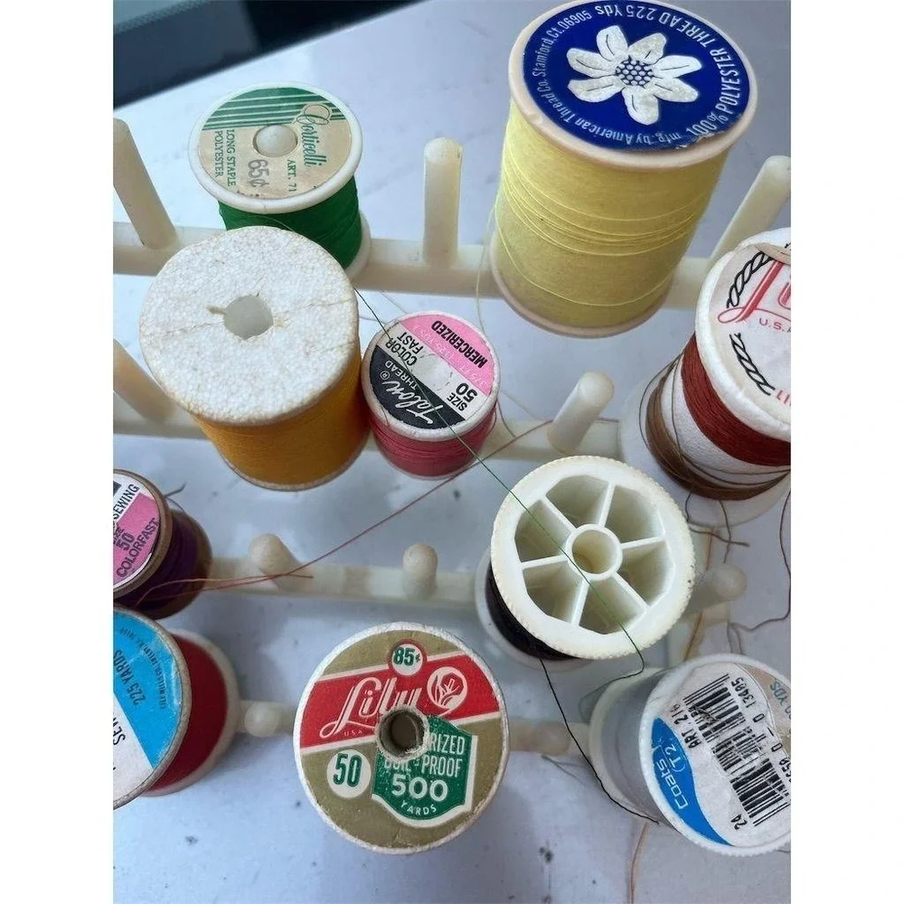 Vintage Sewing Thread Organizer with Assorted Spools Multi-Color